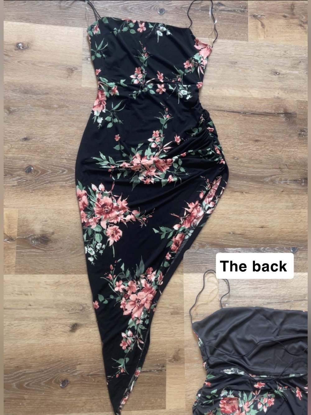 Floral Asymmetrical Black Slip Dress with Pink Blooms